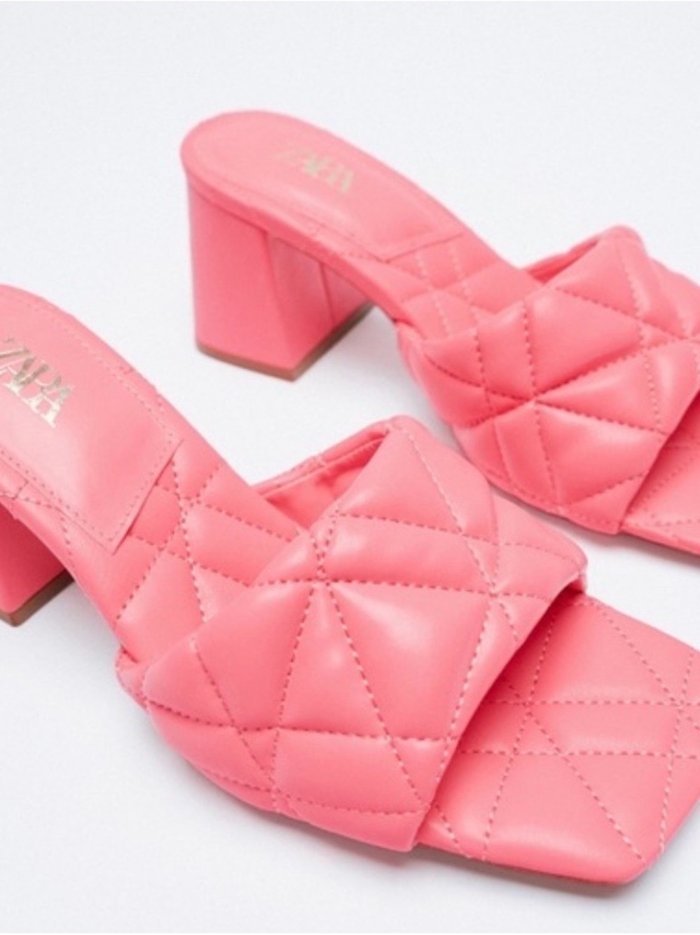 Zara Coral Quilted Block Heel Mules